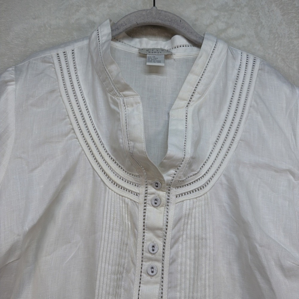 Tweeds Linen Embroidered Peasant Blouse Women's 1X White Boho Cottagecore